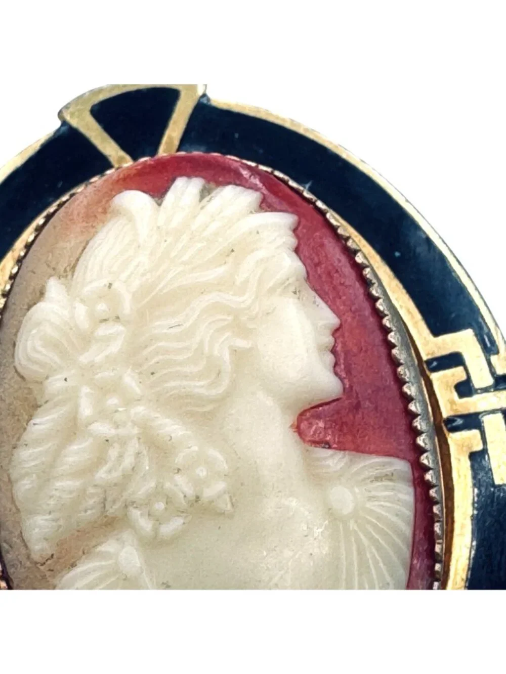 Vintage Cameo Art Deco Brooch 12k GF Frame Greek Key Border Gold w/ Black Enamel